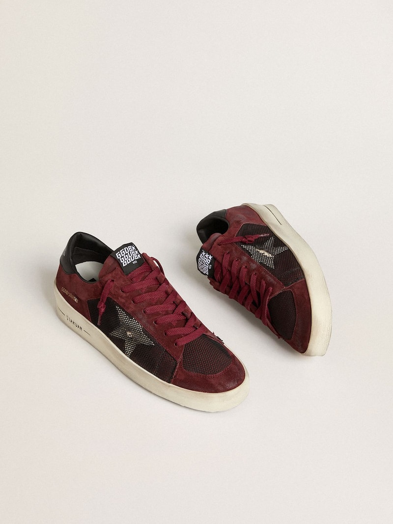 Golden Goose - Stardan pour homme en r&eacute;sille noire et cuir velours bordeaux avec &eacute;toile en cuir blanc in 