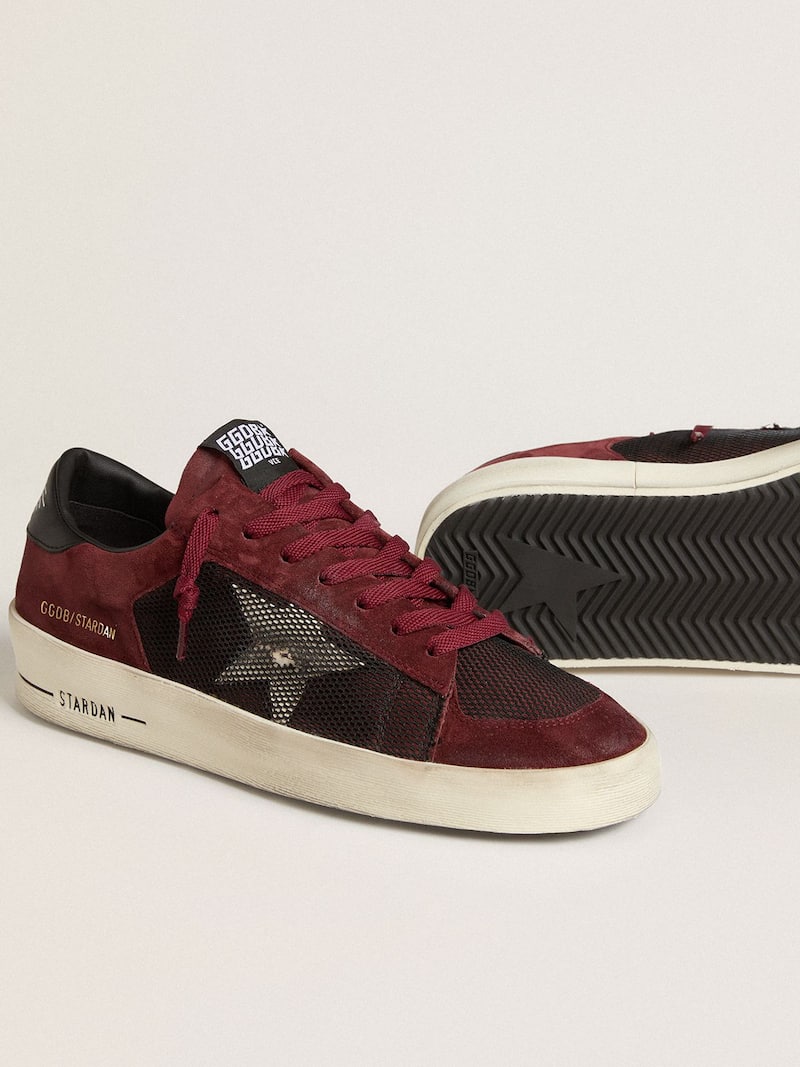 Golden Goose - Stardan pour homme en r&eacute;sille noire et cuir velours bordeaux avec &eacute;toile en cuir blanc in 