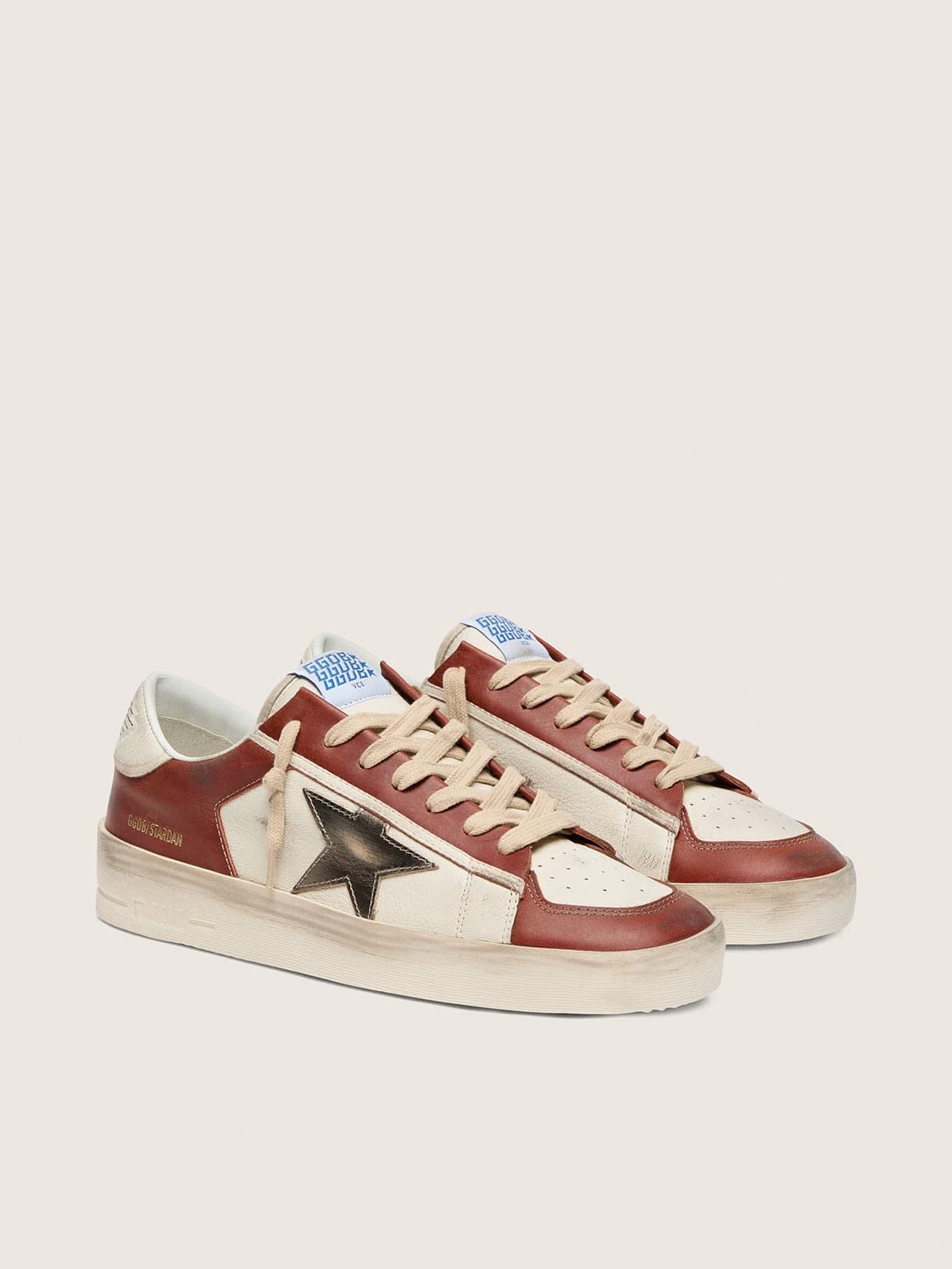 Golden Goose - Stardan homme en cuir blanc et brique avec &eacute;toile en cuir lam&eacute; vert olive in 