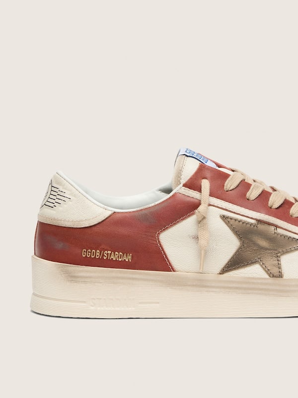 Golden Goose - Men&rsquo;s Stardan in white and brick-red leather with olive-green laminated leather star in 