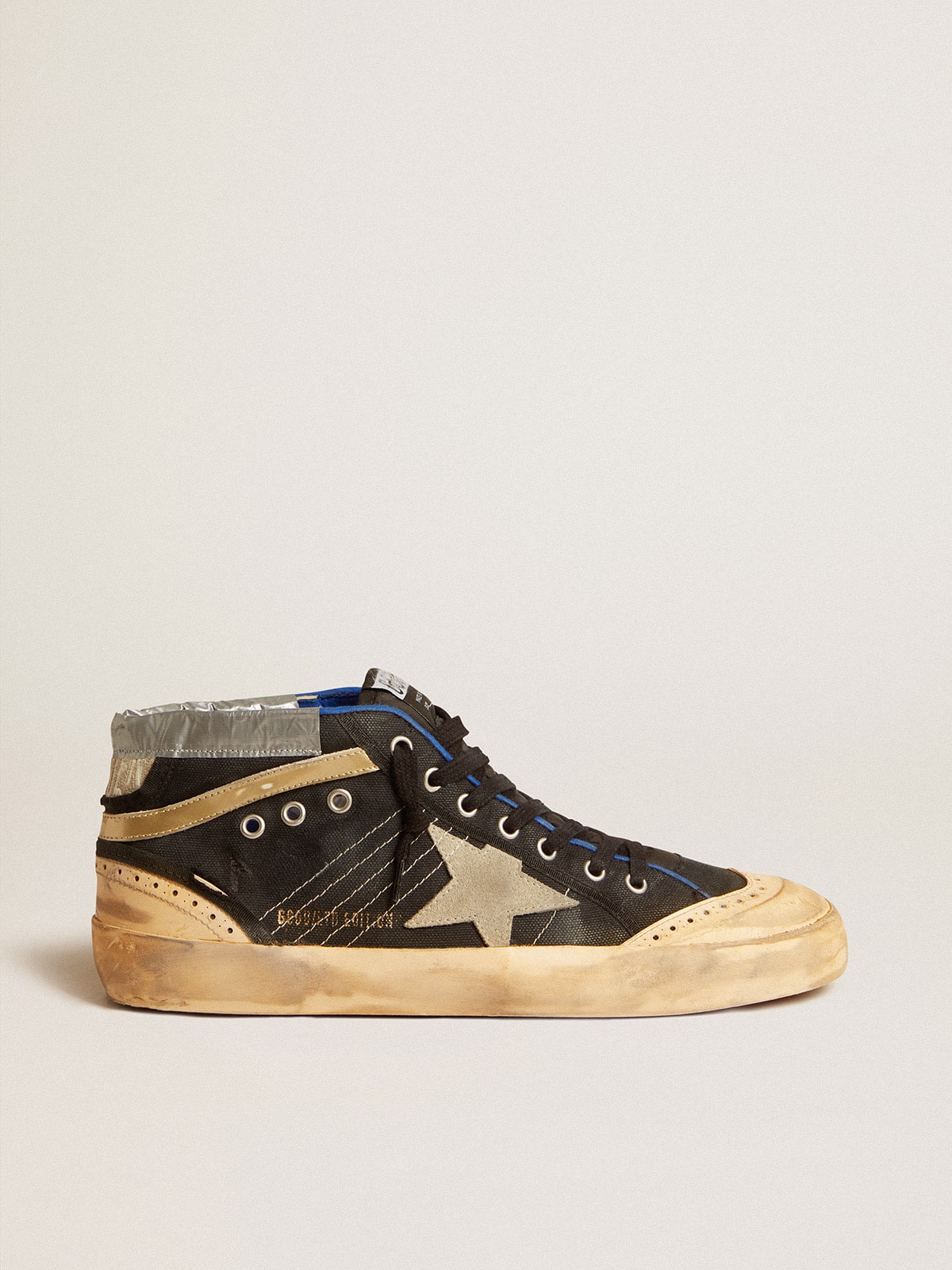 Golden Goose - Mid Star Masculino LAB de lona preta com estrela de suede gelo in 