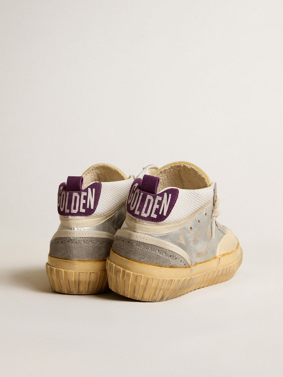 Golden Goose - Mid Star LAB in silver metallic leather and mesh with perforated star in