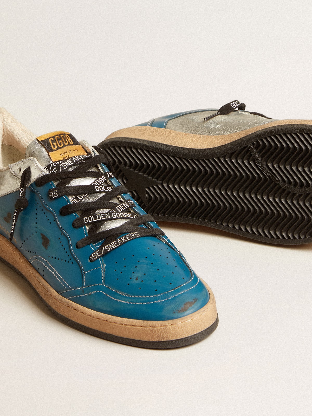 Golden Goose - Ball Star LAB in glossy blue and silver leather with perforated star in 