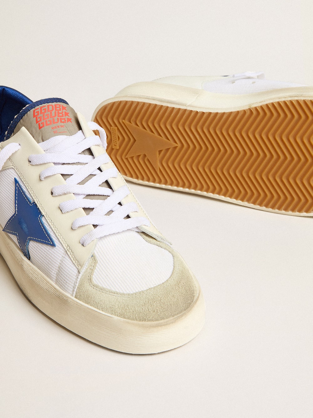 Golden Goose - Stardan LTD in white mesh and leather with blue star and white heel tab in 
