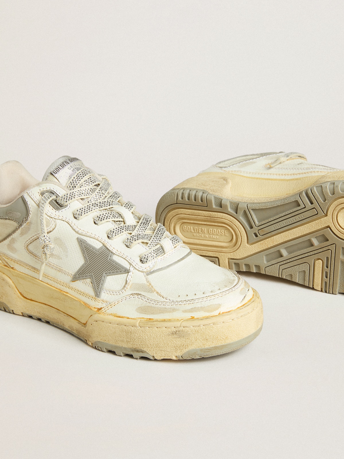 Men's Forty2 in white leather with laces with Swarovski crystals and gray  star | Golden Goose