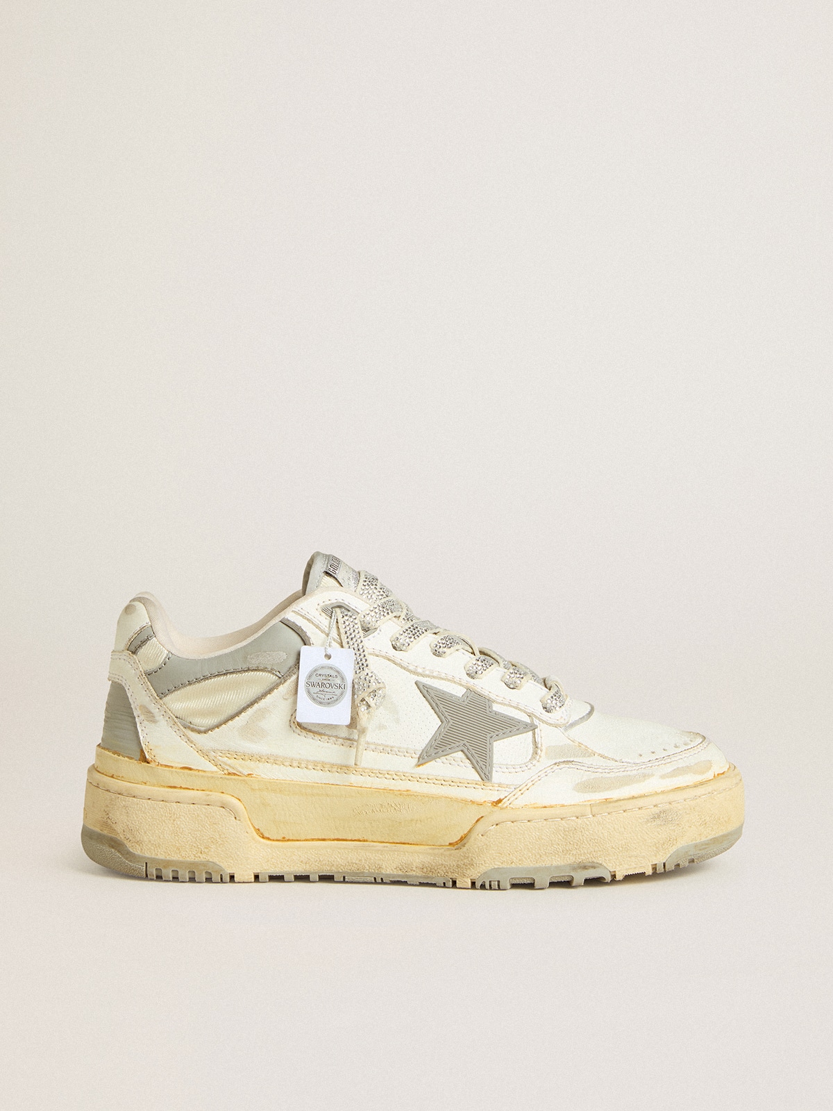 Men's Forty2 in white leather with laces with Swarovski crystals and gray  star | Golden Goose