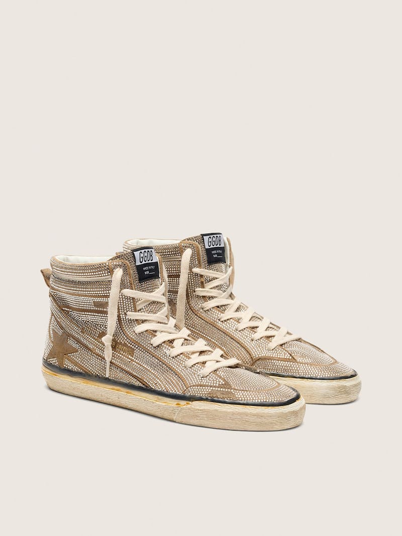 Golden Goose - Slide LAB pour homme en cuir velours tabac avec cristaux et &eacute;toile en cuir velours tabac in 
