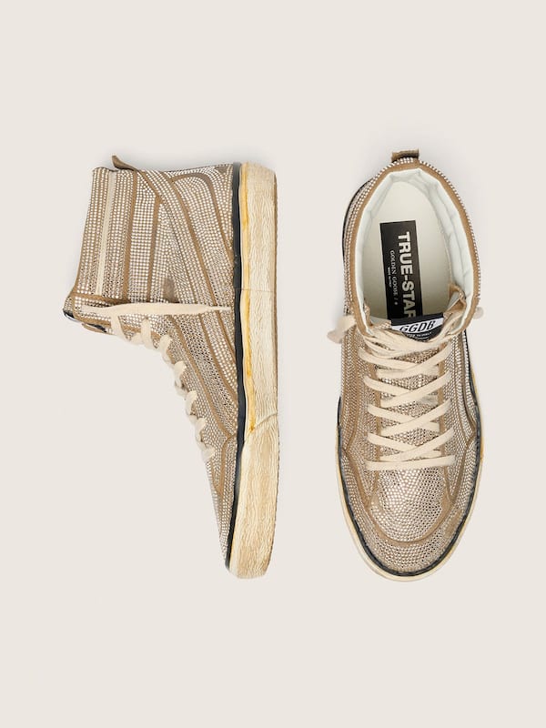 Golden Goose - Men's Slide LAB sneakers in tobacco-colored suede with crystals and tobacco-colored suede star in 