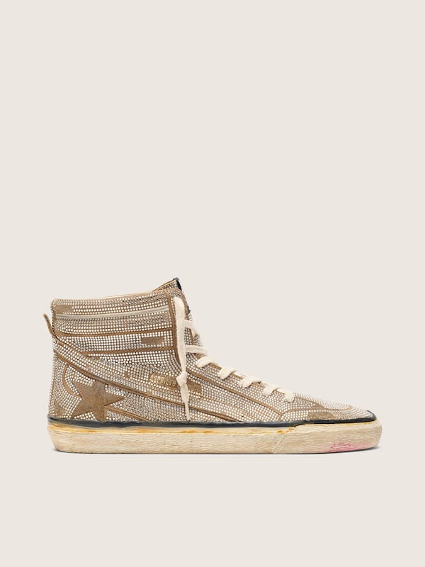 Golden Goose - Men's Slide LAB sneakers in tobacco-colored suede with crystals and tobacco-colored suede star in 
