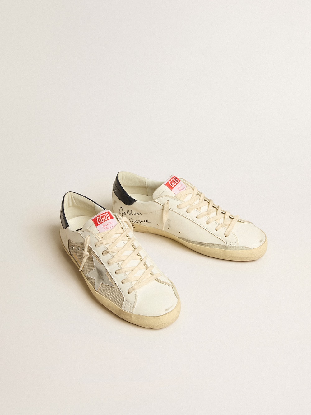 Golden Goose - Men's Super-Star LTD in mesh and leather with silver star and blue heel tab in 