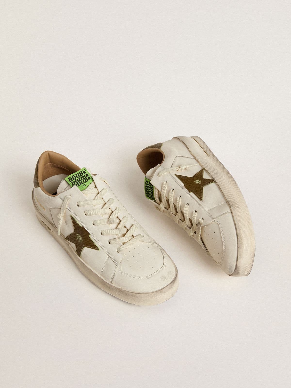 Men's Stardan in white leather with military-green snake-print leather star and heel tab