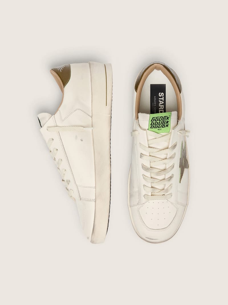 Golden Goose - Stardan pour homme en cuir blanc avec &eacute;toile et contrefort en cuir vert militaire &agrave; imprim&eacute; python in 