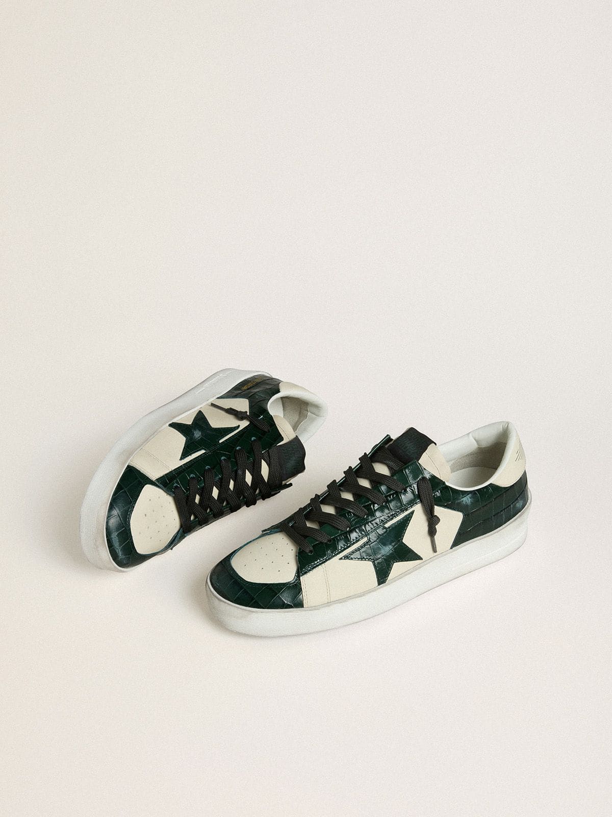 Golden Goose - Men's Stardan LTD in cream leather with green crocodile-print leather star and inserts in 