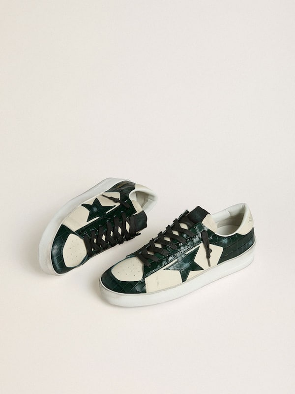 Golden Goose - Men's Stardan LTD in cream leather with green crocodile-print leather star and inserts in 