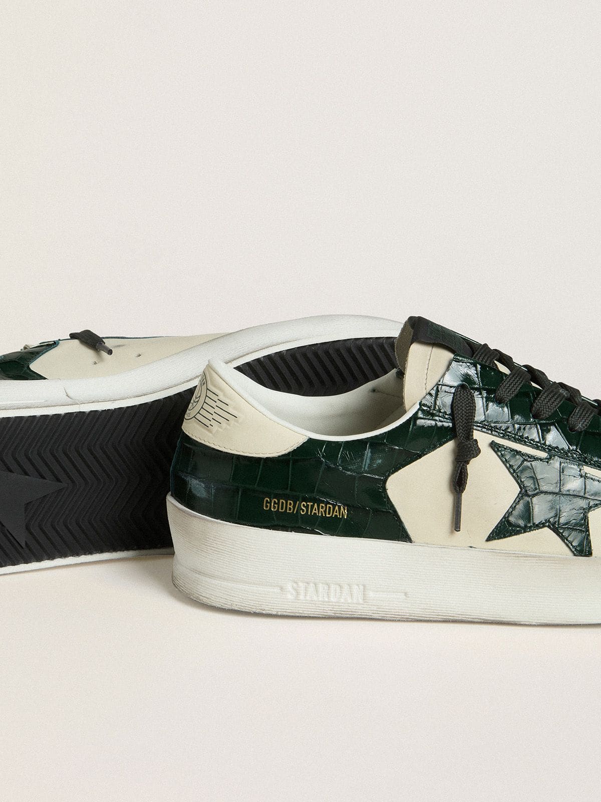 Golden Goose - Men's Stardan LTD in cream leather with green crocodile-print leather star and inserts in 