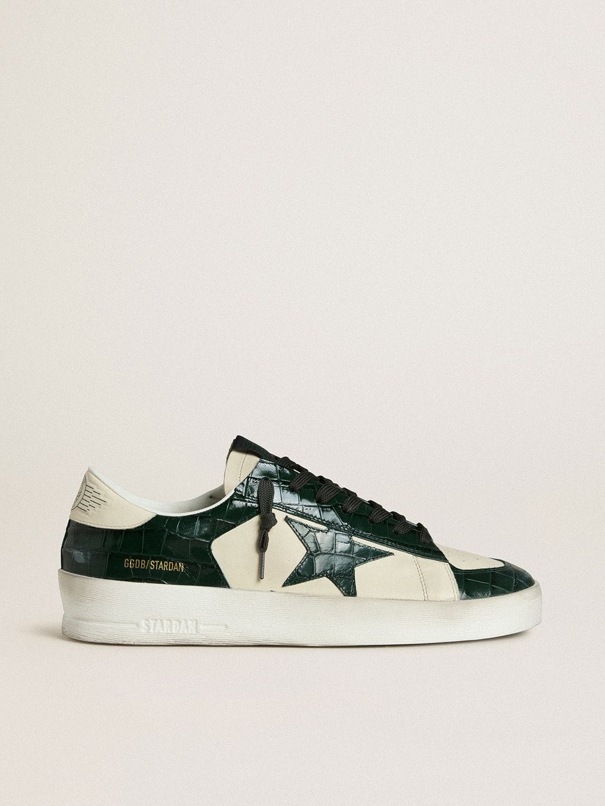 Golden Goose - Men's Stardan LTD in cream leather with green crocodile-print leather star and inserts in 