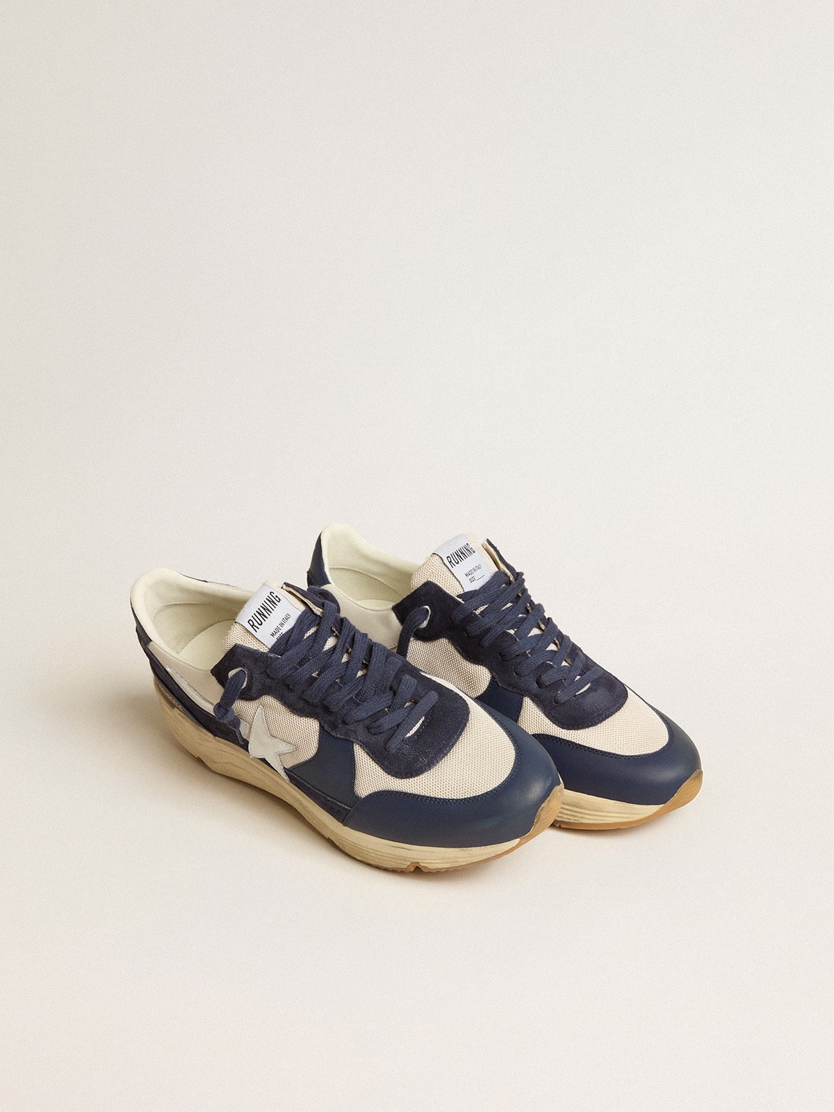 Golden Goose - Running Sole in cream mesh and blue leather with a white leather star in 