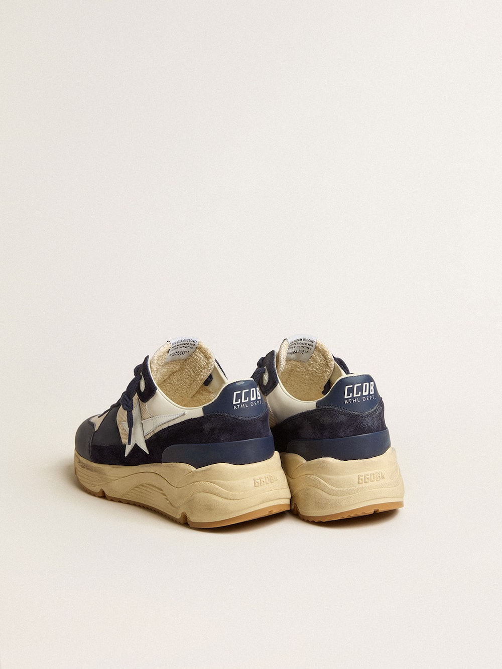 Golden Goose - Running Sole in cream mesh and blue leather with a white leather star in 