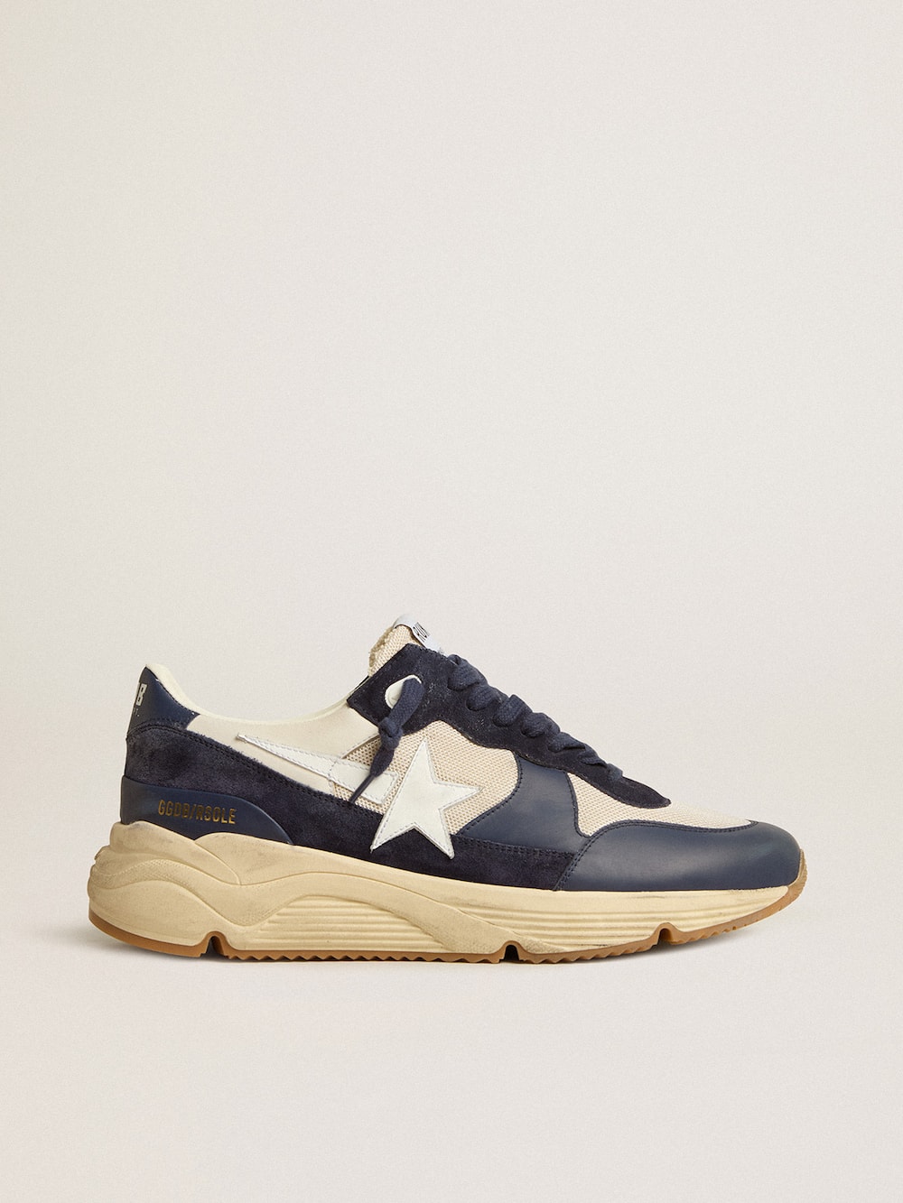 Golden Goose - Running Sole in cream mesh and blue leather with a white leather star in 