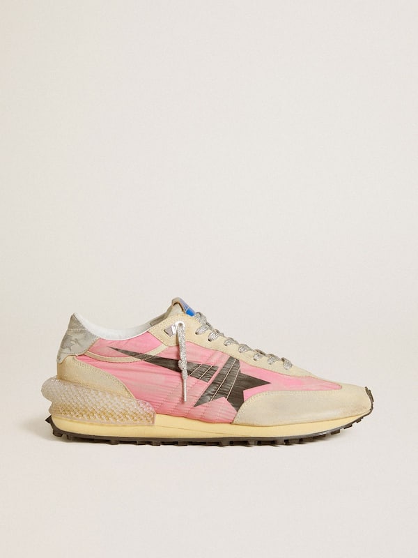 Golden Goose - Men's Marathon in pink nylon and gold suede with black printed star in 