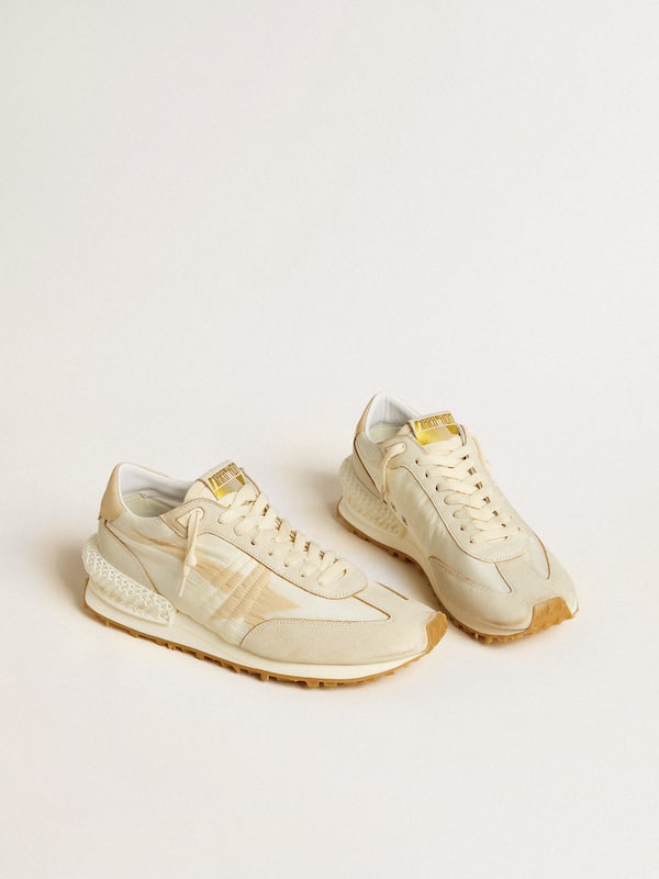 Marathon pour homme en nylon beige et en cuir gris avec &eacute;toile imprim&eacute;e beige