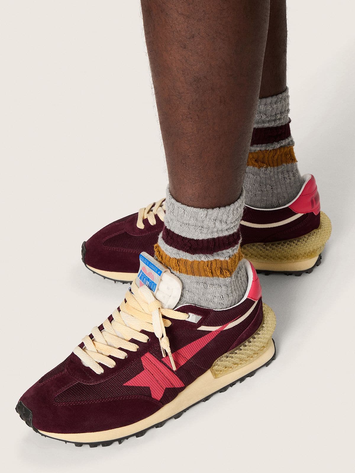 Golden Goose - Men's Marathon in burgundy mesh and suede with printed pink star in 