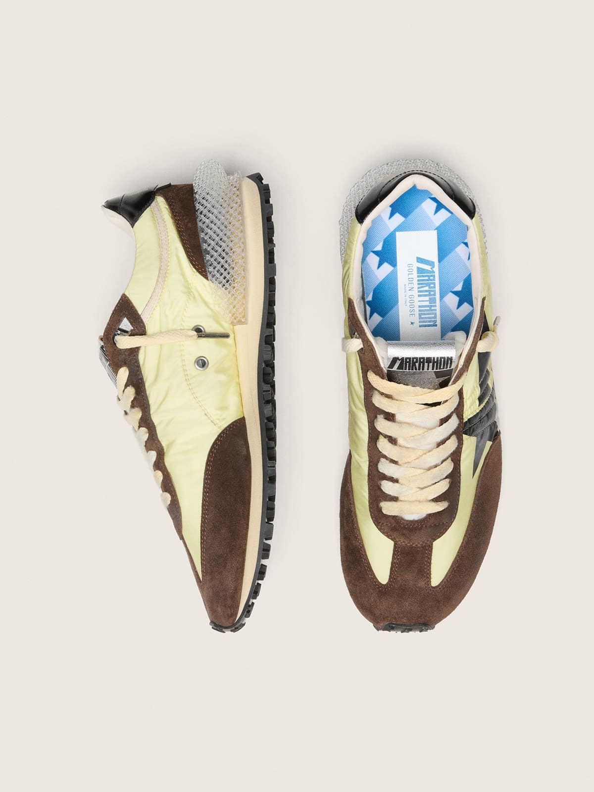 Golden Goose - Marathon donna in nylon giallo lime, con stella nera e inserti in suede marrone in 