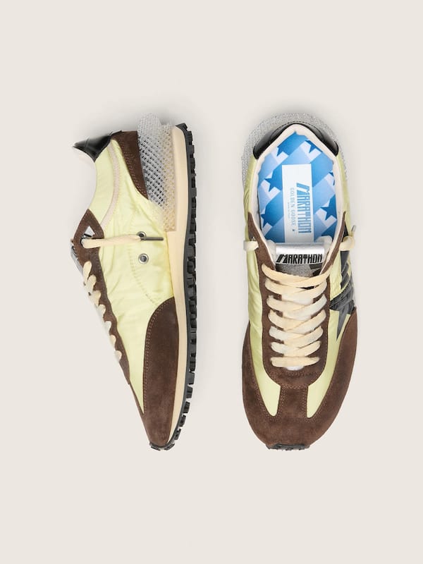 Marathon femme en nylon jaune citron avec &eacute;toile noire et empi&egrave;cements en cuir velours marron