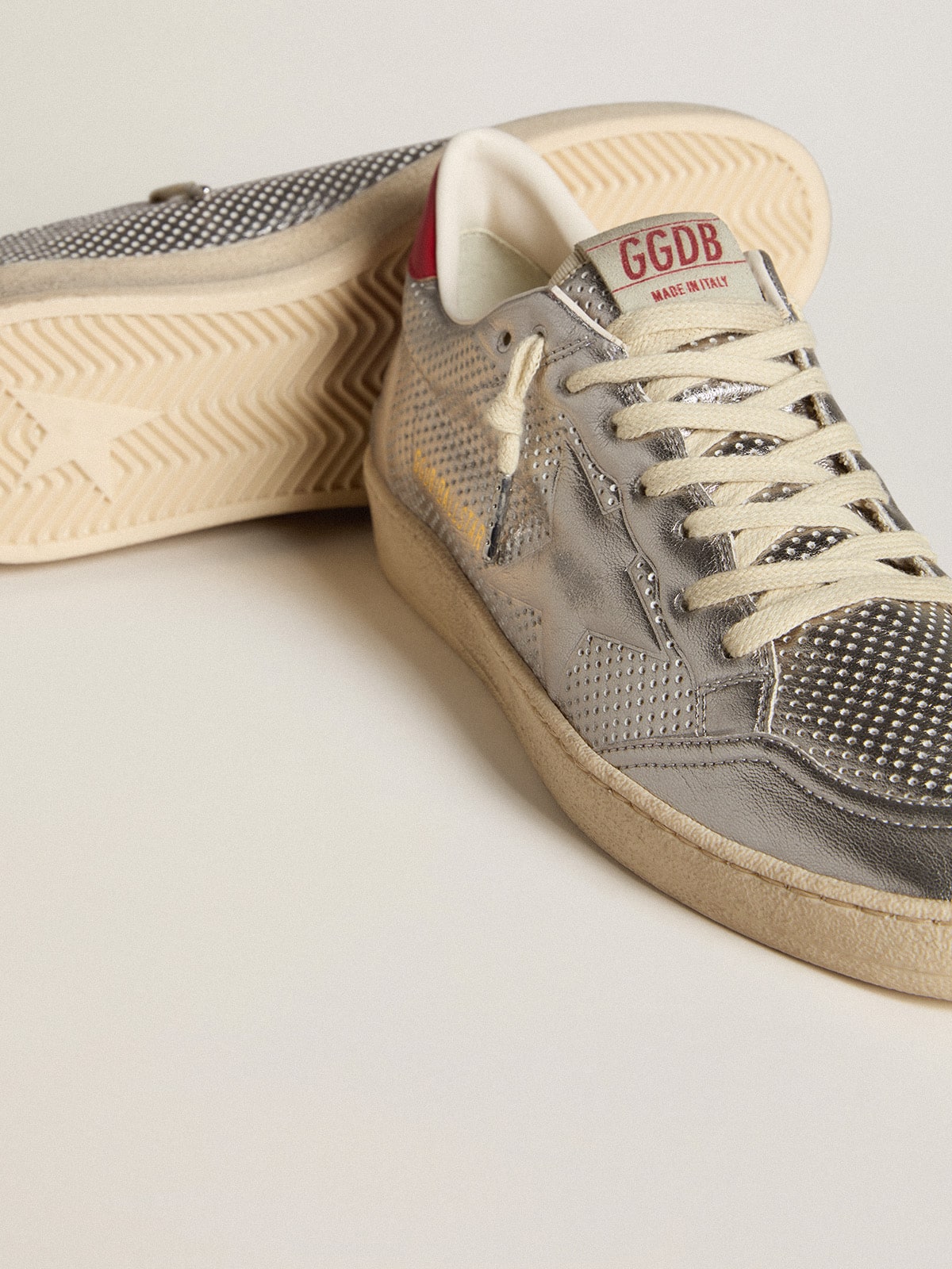 Golden Goose - Bio-based Ball Star in metallic silver with silver star and red heel tab in 