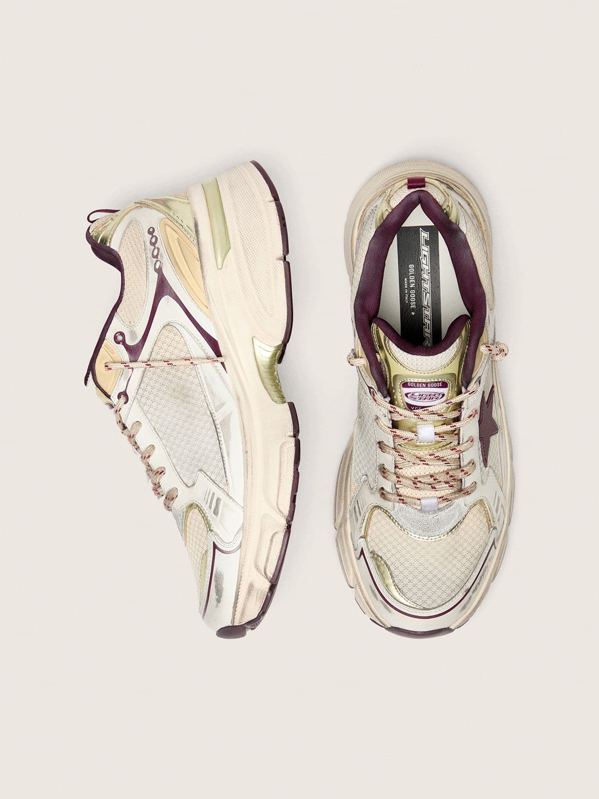 Golden Goose - Lightstar Uomo CNY in mesh e pelle bianca con stella in TPU rosso vino in 