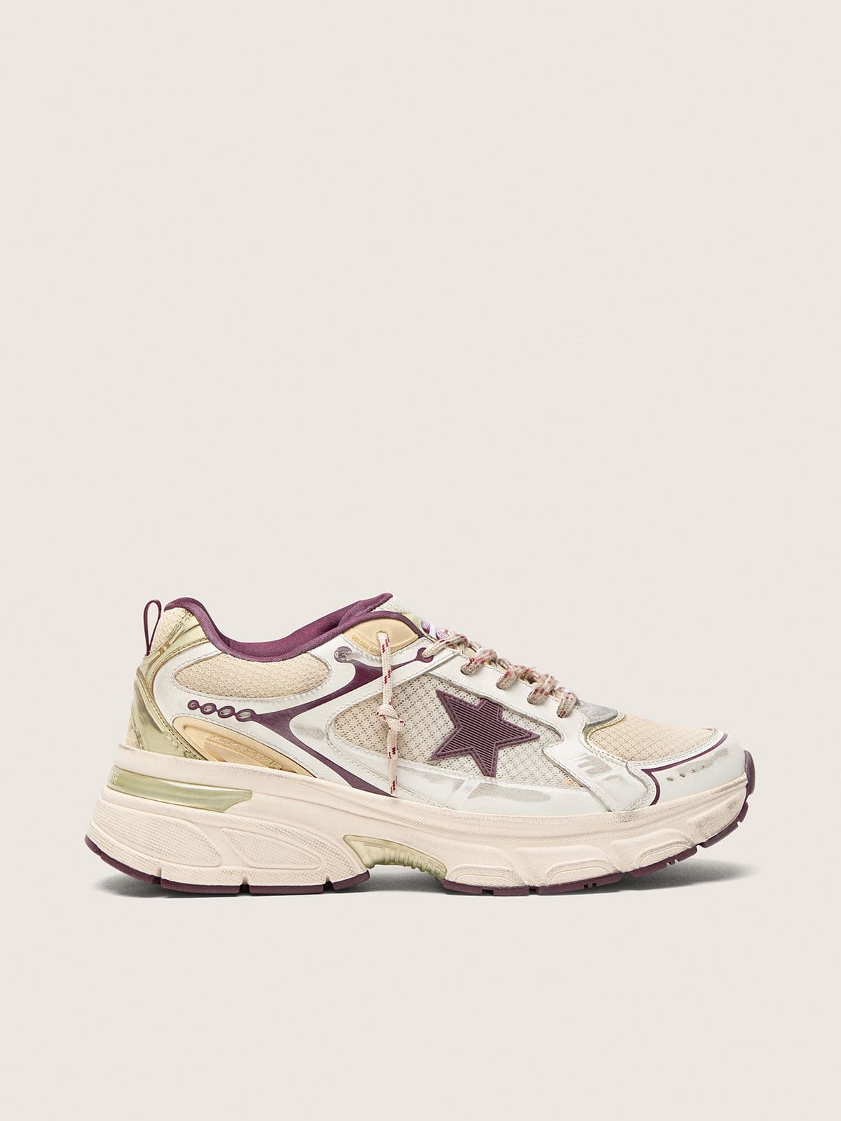 Golden Goose - Lightstar Uomo CNY in mesh e pelle bianca con stella in TPU rosso vino in 