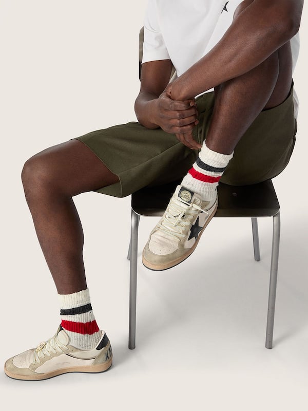 Men&rsquo;s Ball Star LTD in white leather and light grey suede with dark blue star and Skins
