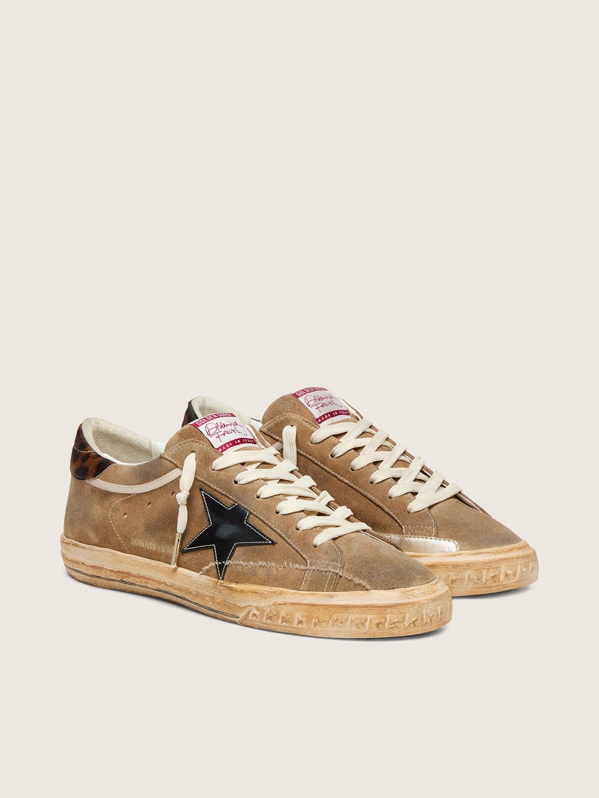 Super-Star LTD uomo in suede tabacco con stella nera tallone animalier