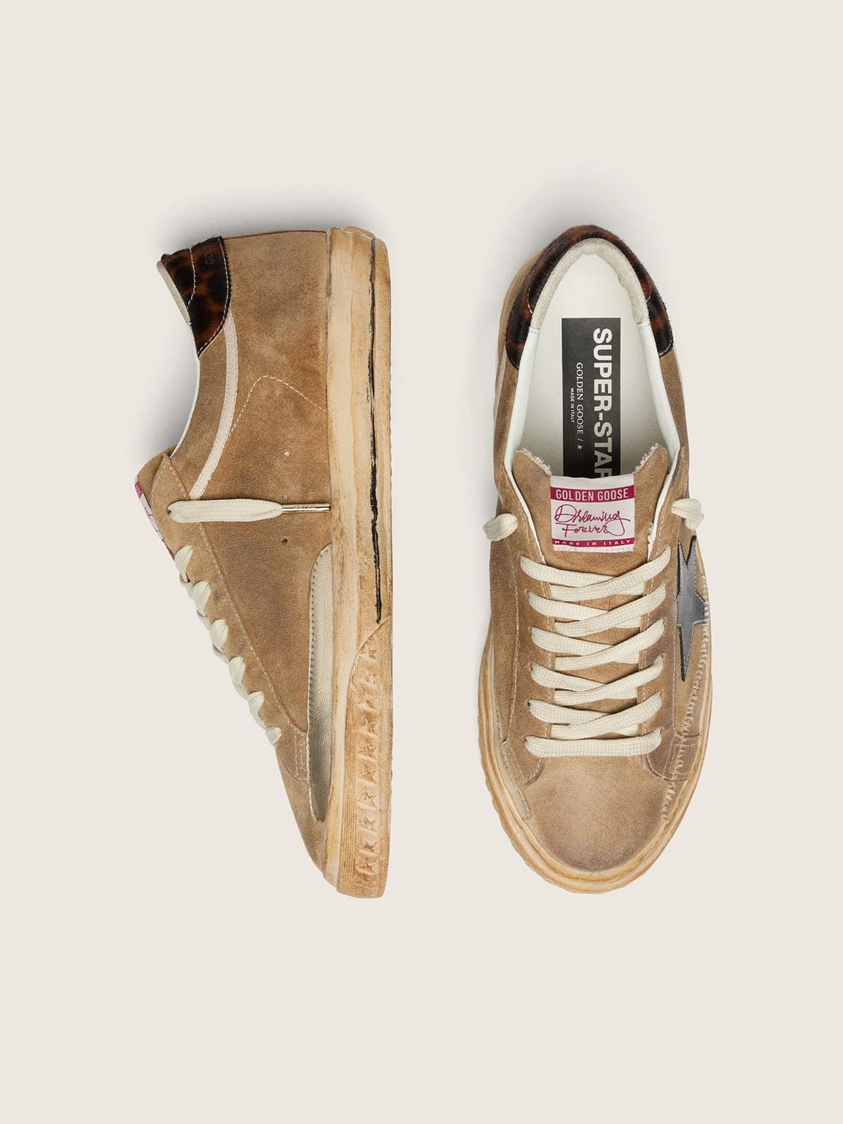 Super-Star LTD uomo in suede tabacco con stella nera tallone animalier