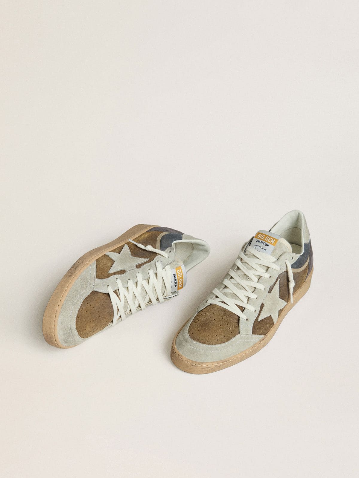 Golden Goose - Men's Ball Star in military-green waxed suede with ice-gray suede star and heel tab in 