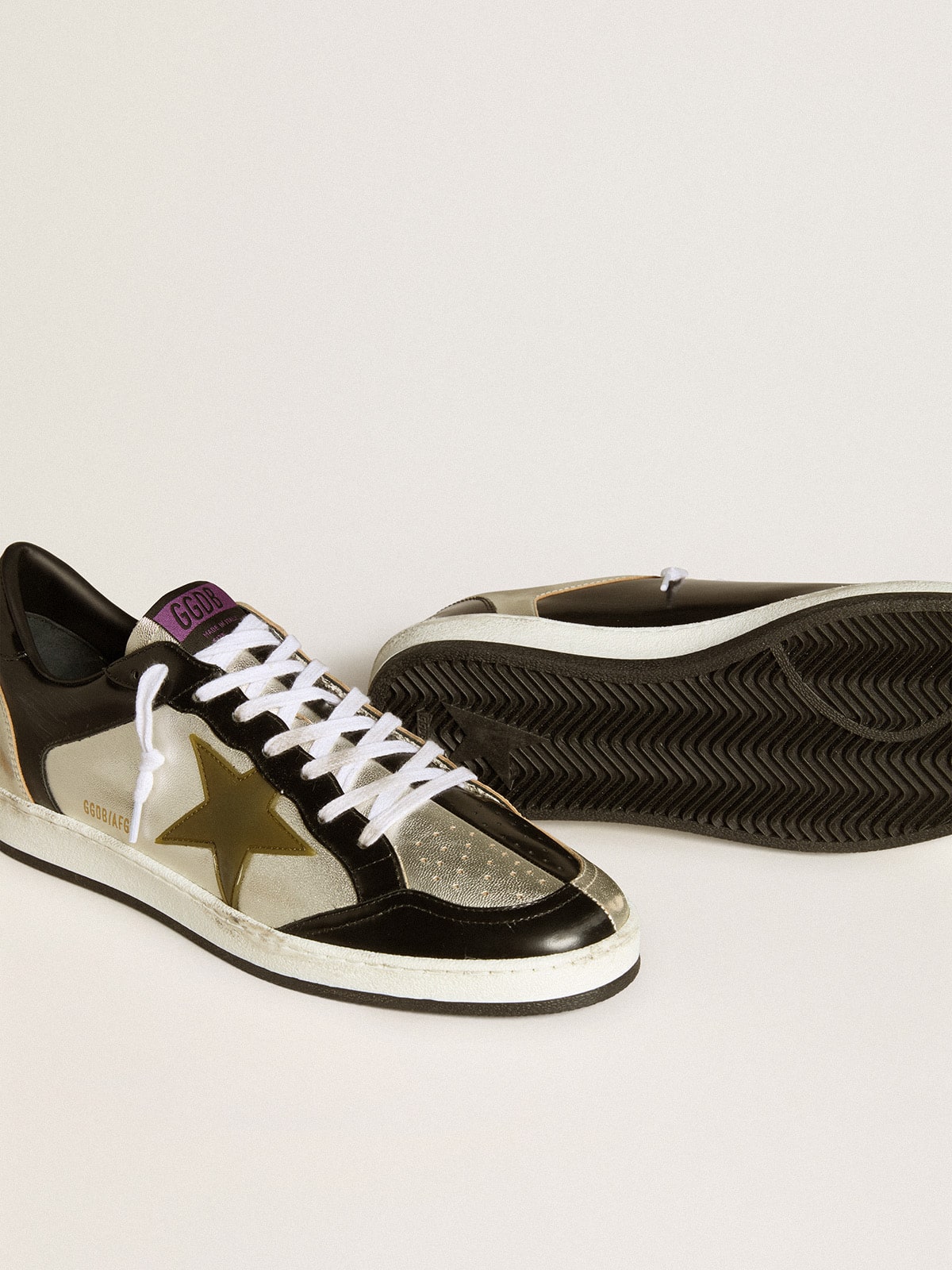 Ball Star uomo LAB in pelle argento con stella in pelle marrone e talloncino nero Golden Goose