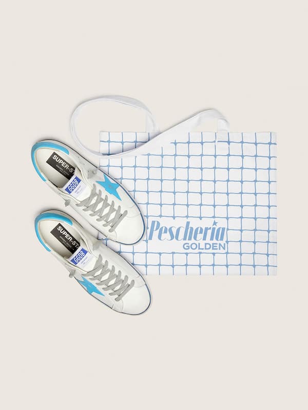 Golden Goose - Men's Super-Star LTD in white leather with light blue leather star and heel tab in 