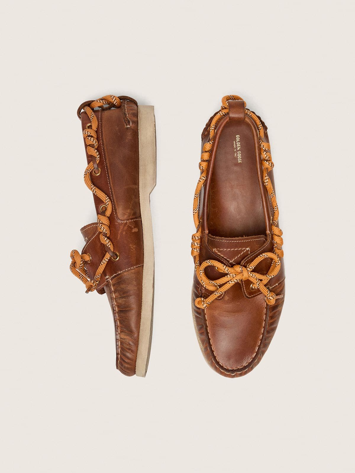 Golden Goose - Men's Cruise loafers in tobacco-colored leather with orange hiking laces in 