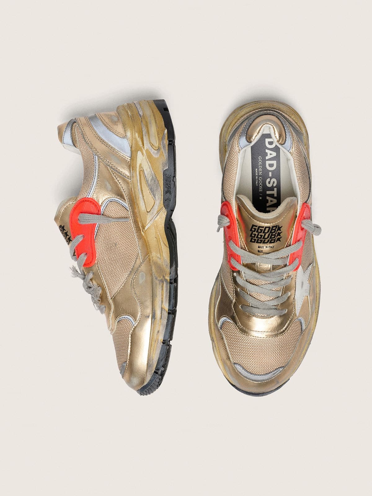 Men's Dad-Star in gold laminated leather and mesh with white