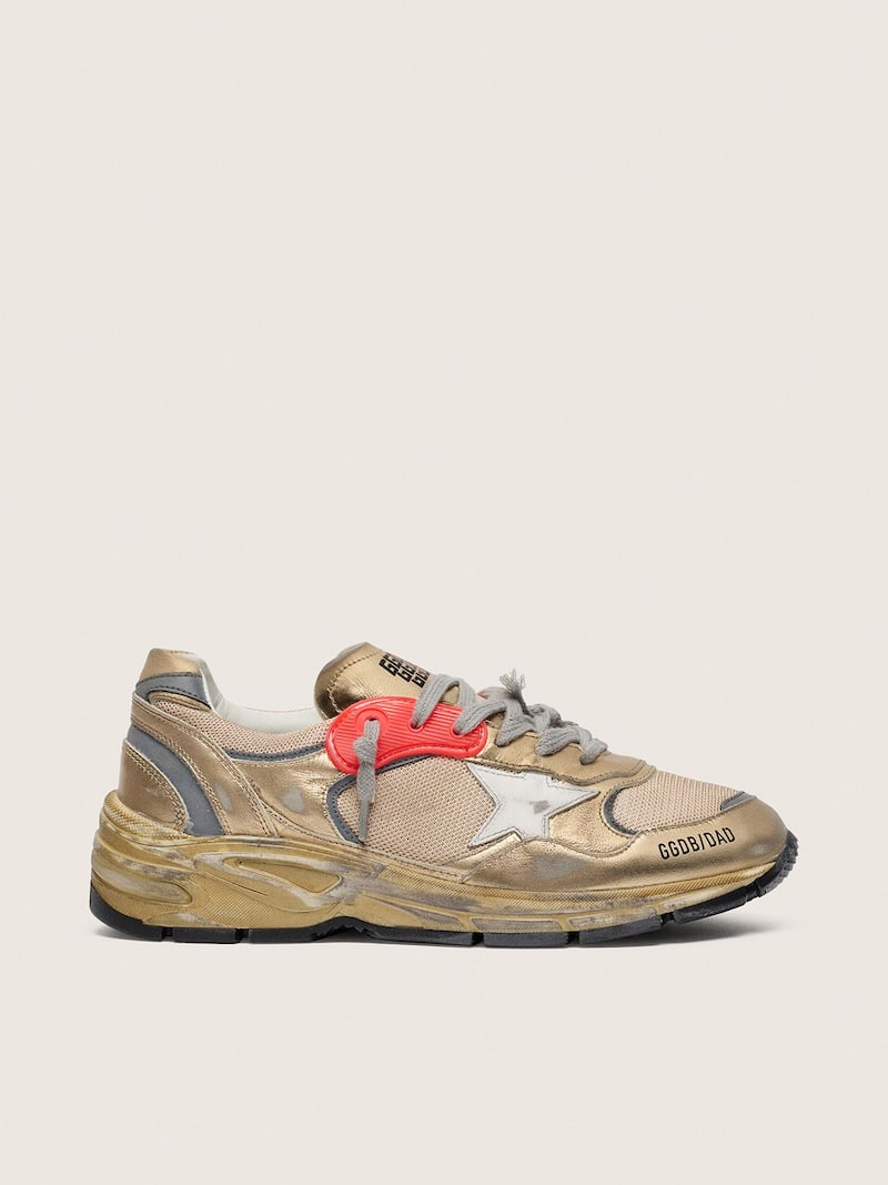 Dad-Star Herren aus goldenem Metallic-Leder und Mesh mit wei&szlig;em Lederstern und goldfarbener Lederferse