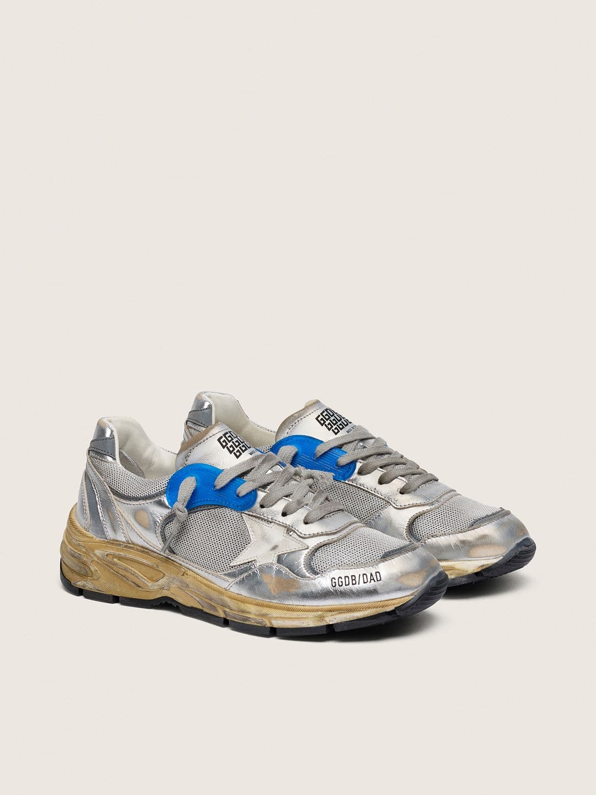 Golden Goose - Men's Dad-Star in silver laminated leather and mesh with white leather star and silver heel tab in 