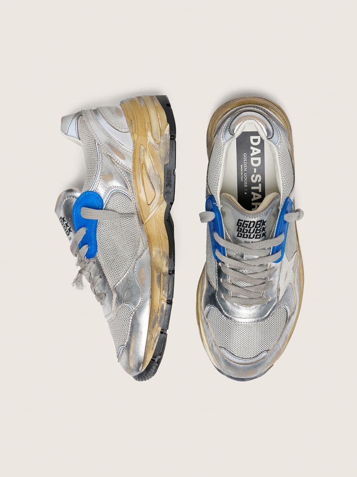 Golden Goose - Men's Dad-Star in silver laminated leather and mesh with white leather star and silver heel tab in 