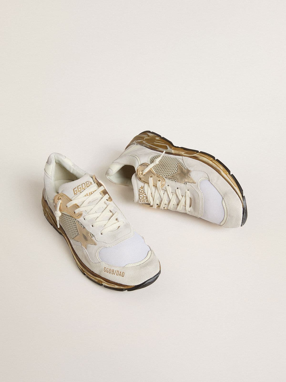 Golden Goose - Men's Dad-Star in mesh and white suede with gold foiled leather star in 