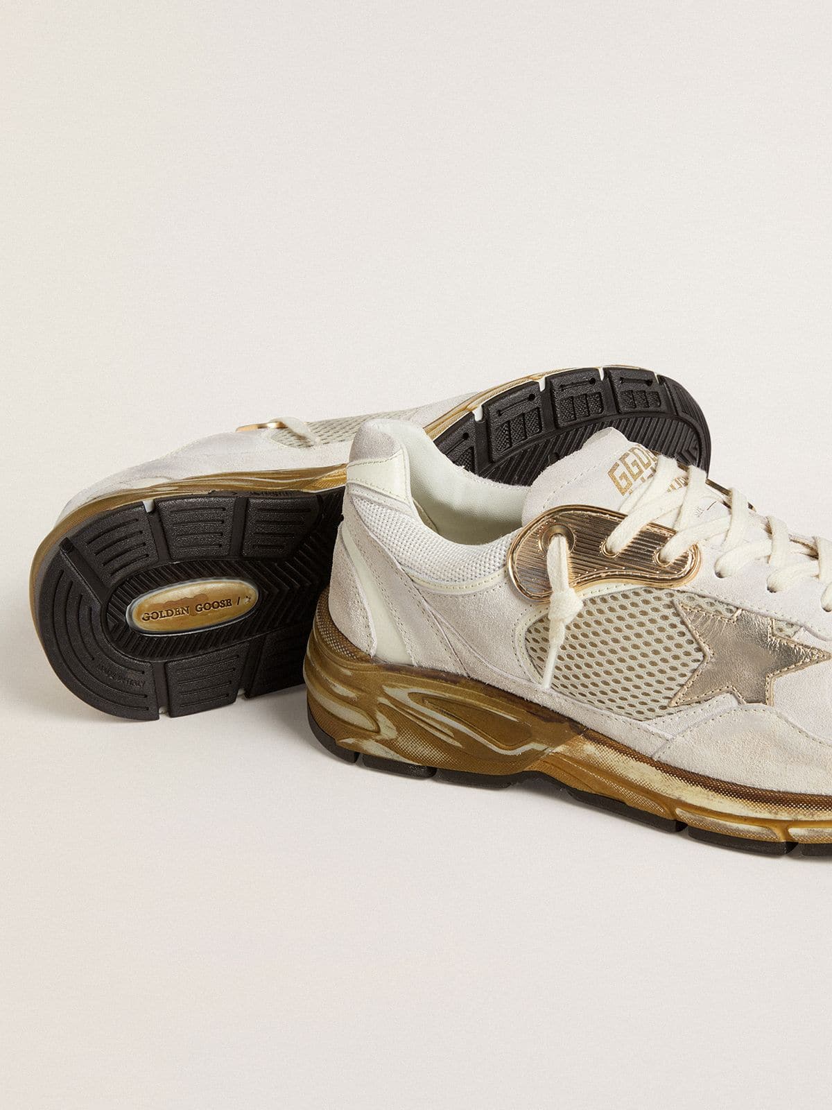 Golden Goose - Men's Dad-Star in mesh and white suede with gold foiled leather star in 