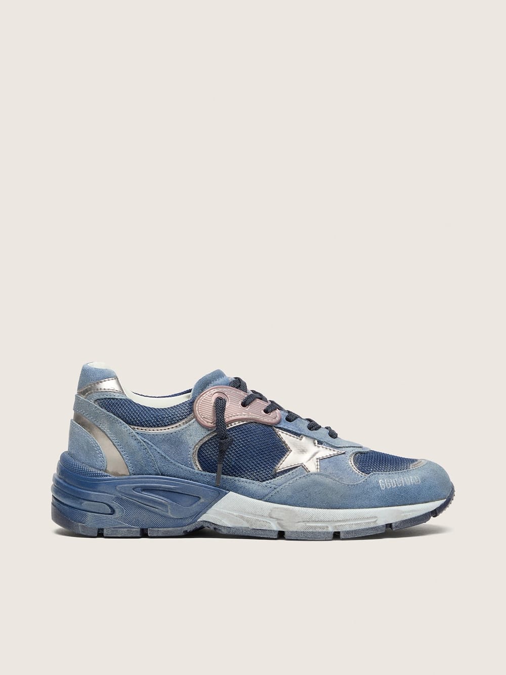 Dad-Star homme en cuir velours bleu denim avec étoile en cuir argenté — Golden Goose