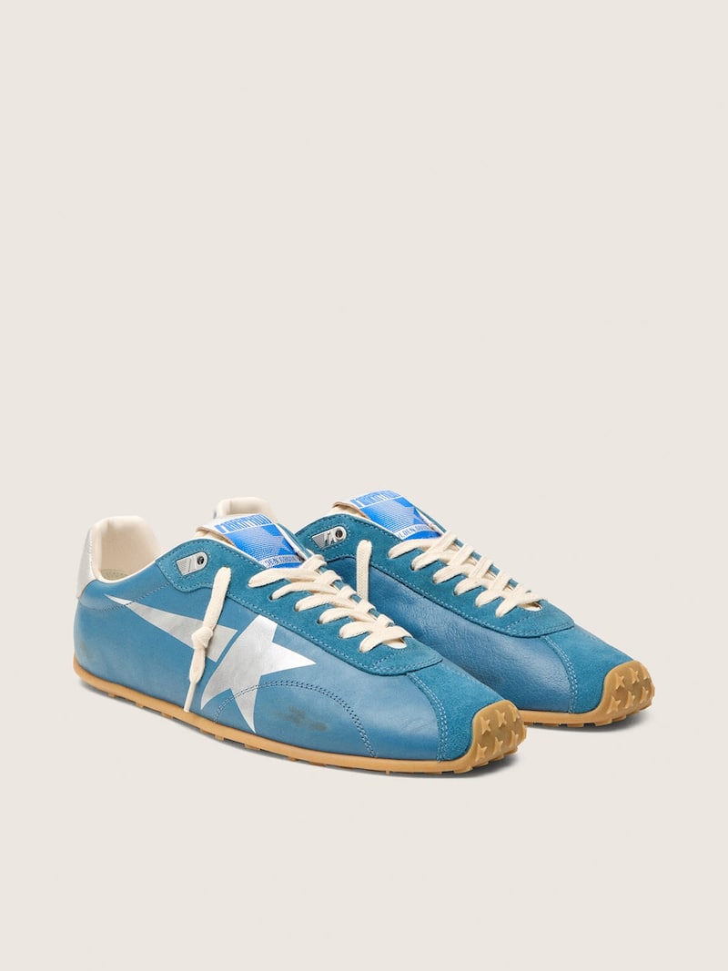 Golden Goose - Marathon Speed de hombre de napa azul con estrella estampada y refuerzo del tal&oacute;n de piel plateada in 