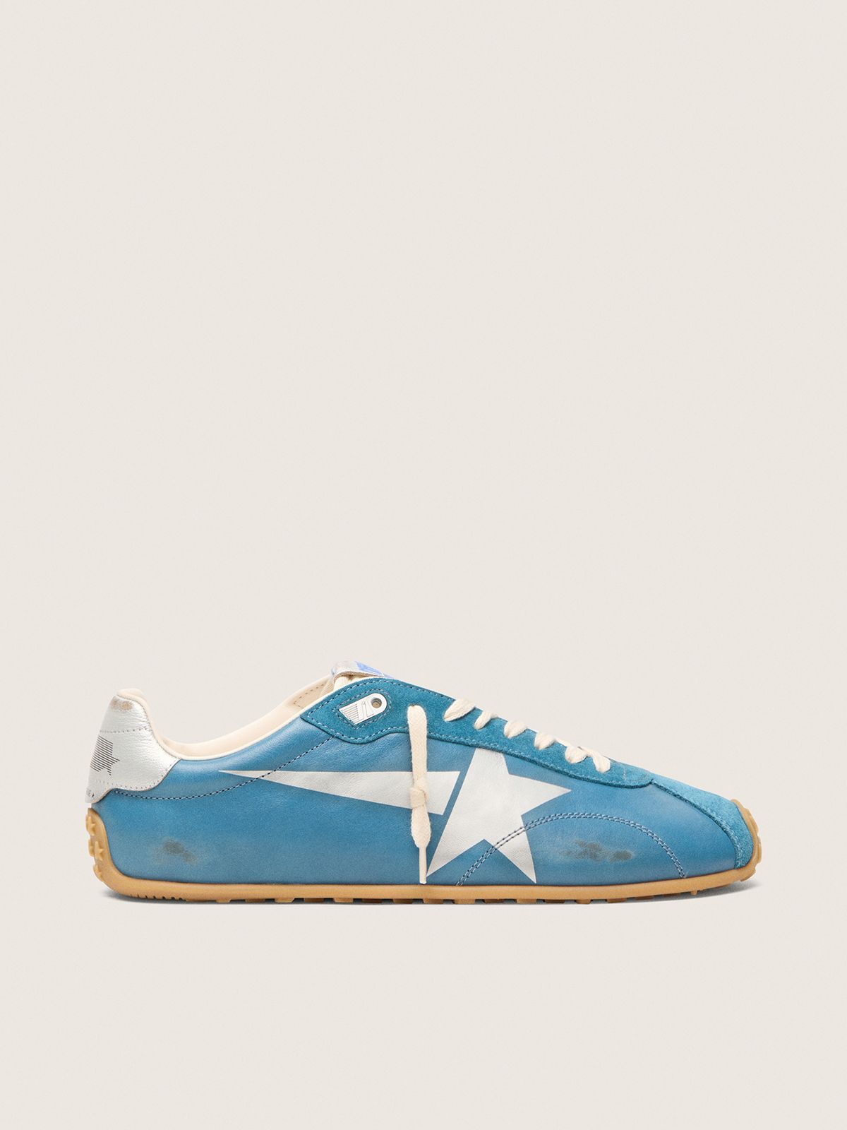Marathon Speed pour homme en cuir nappa bleu avec étoile imprimée et contrefort en cuir argenté — Golden Goose