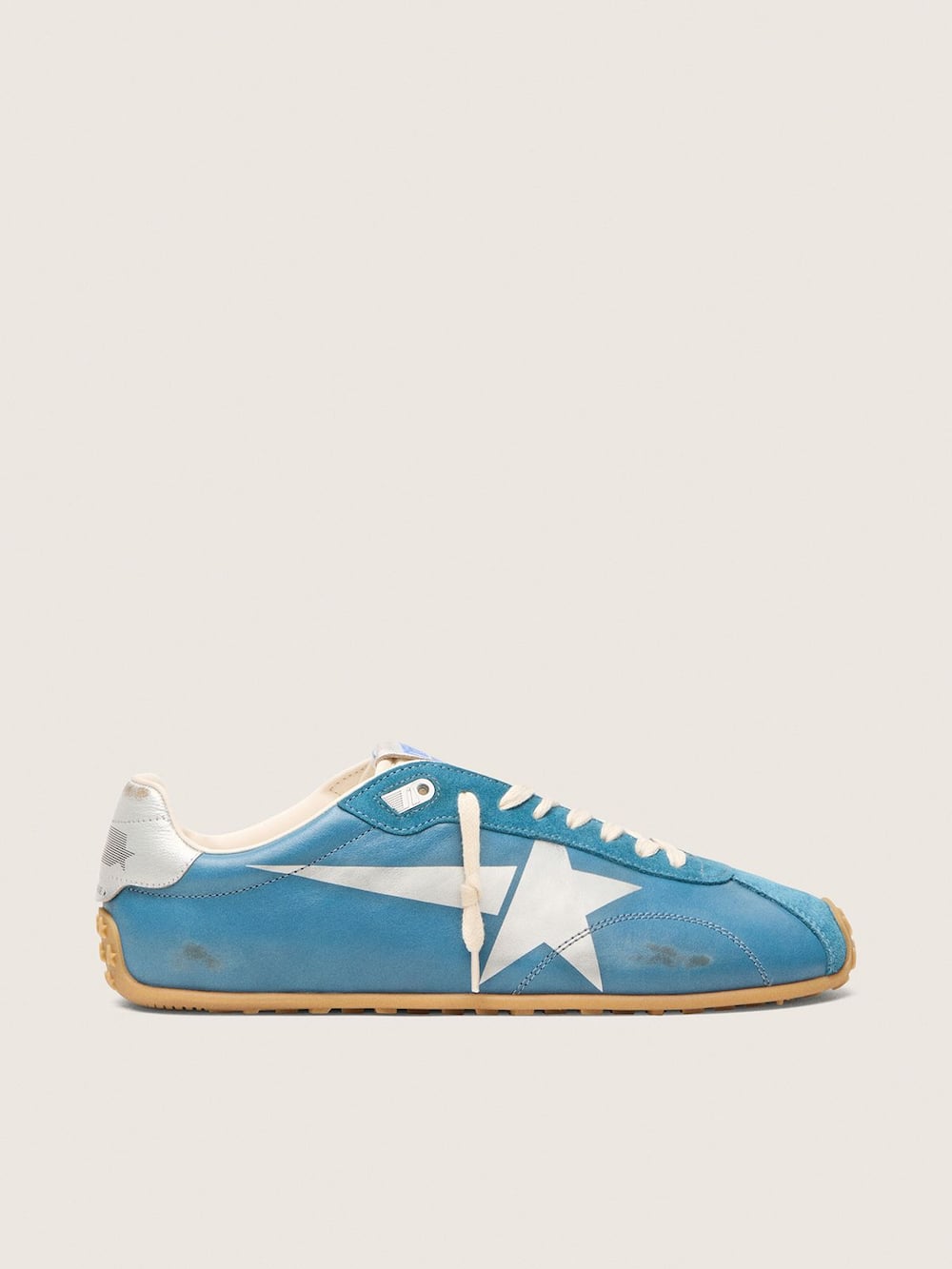 Marathon Speed pour homme en cuir nappa bleu avec étoile imprimée et contrefort en cuir argenté — Golden Goose