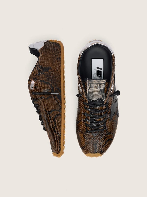 Golden Goose - Men's Marathon Speed in leather with brown snake print, black star and silver leather heel tab in 