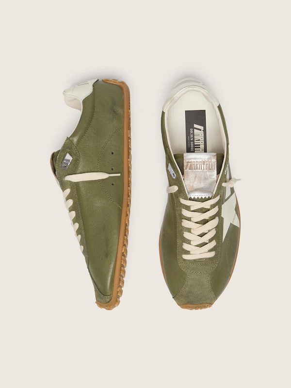 Golden Goose - Men&rsquo;s Marathon Speed in olive-green leather with cream star in 